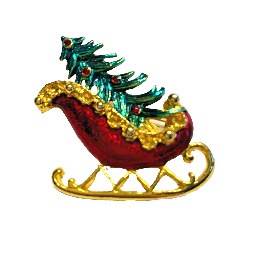 Vintage Christmas Brooch Santa's Red Sleigh & Tree Gold Festive Holiday Pin